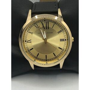 Anthony Jacobs Unisex Black Leather Analog Gold Dial Quartz Genuine Watch OP353